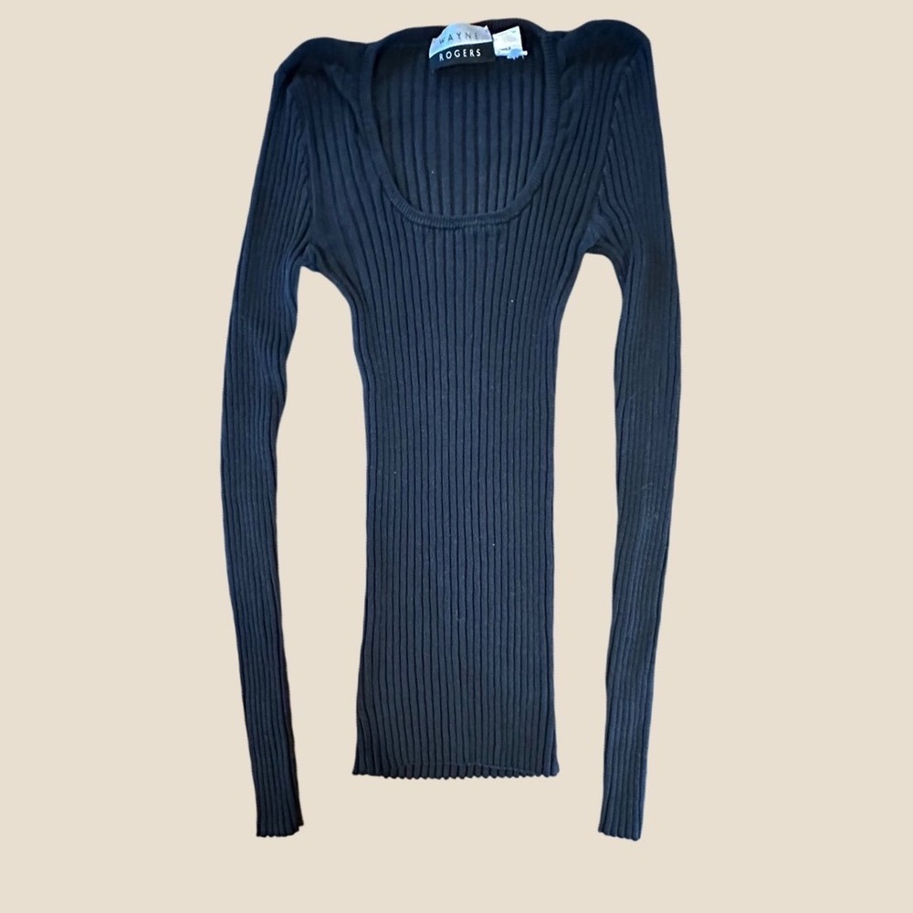 Vintage Wayne Rogers Black Ribbed Silk Blend Scoop Neck Long Sleeve Top Large - Picture 4 of 6